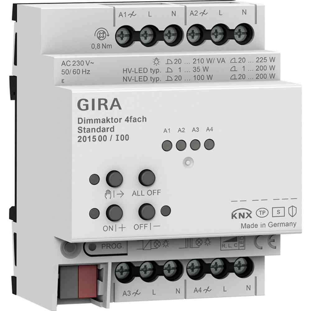 GIRA 201500 Dimmaktor, Bussystem KNX, 3-250W, REG, 4TE, 4Ausg, universal, Vor Ort-/Handbedienung