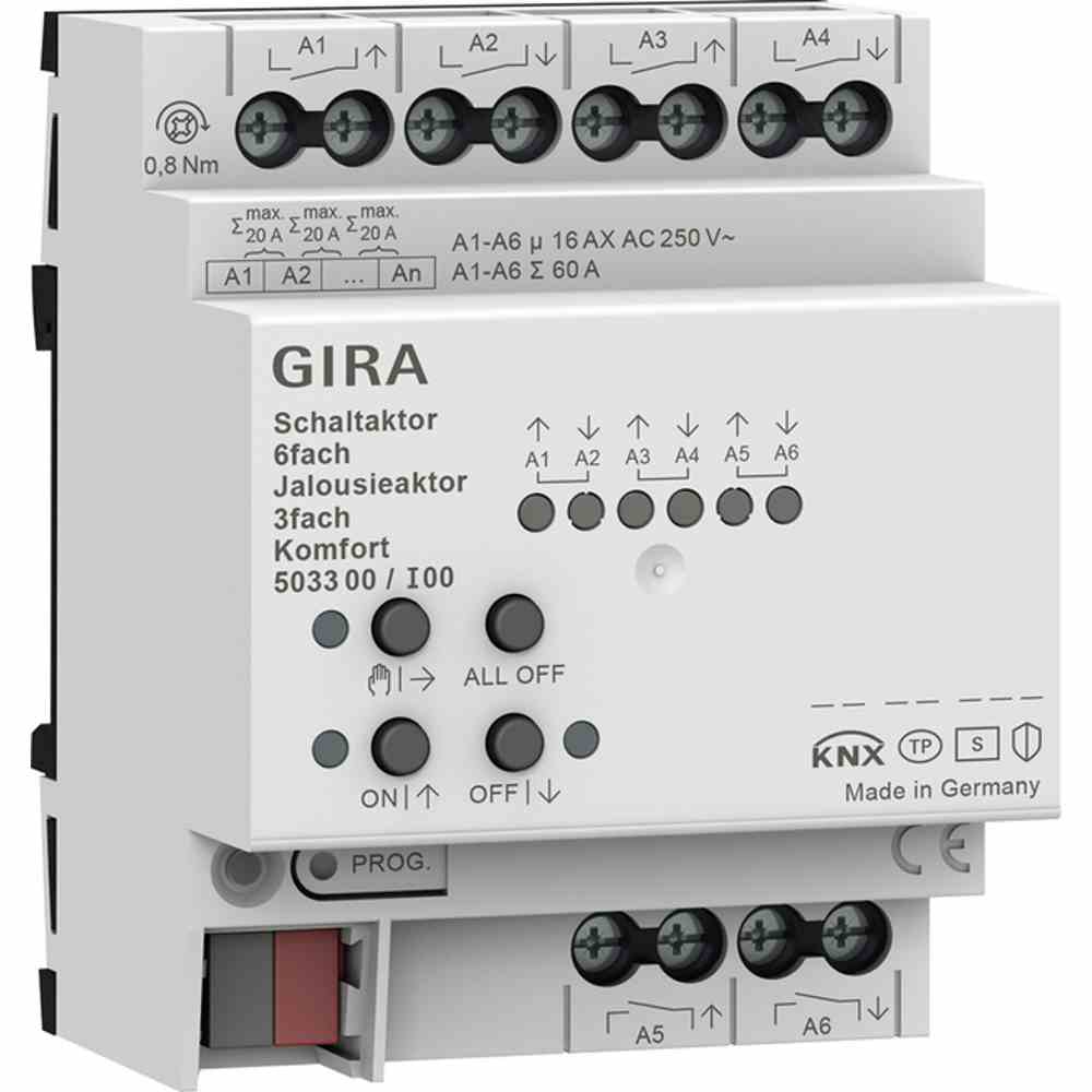 GIRA 503300 Kombi I/O Gerät, Bussystem KNX, REG, 6Eing, 3Ausg, Vor Ort-/Handbedienung, mit LED-Anzeige