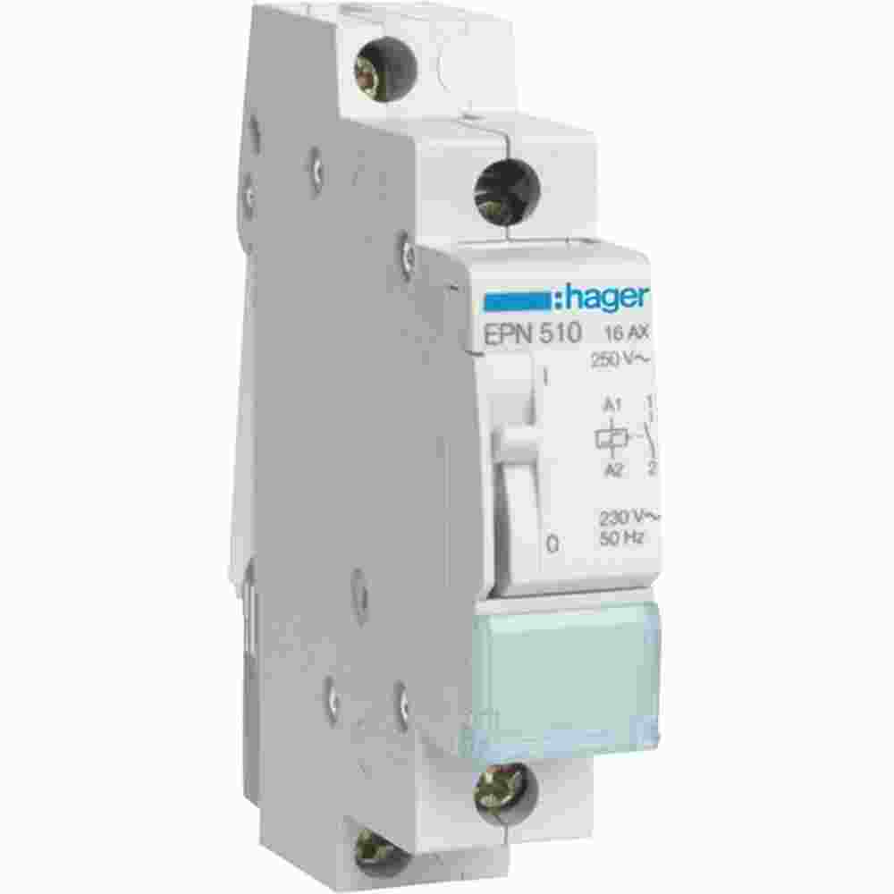 HAGER EPN510 Stromstoßschalter, 230VAC, 1TE, 16A, 250V, DIN-Schiene, T63mm, mechanisch Schalter