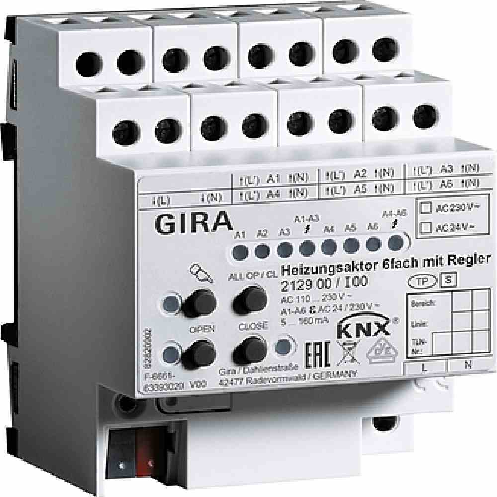 GIRA 212900 Heizungsaktor, Bussystem KNX, REG, 6Ausg, 1,5A, 110-230V, Handschaltung 6Ausg 1,5A 110-230V