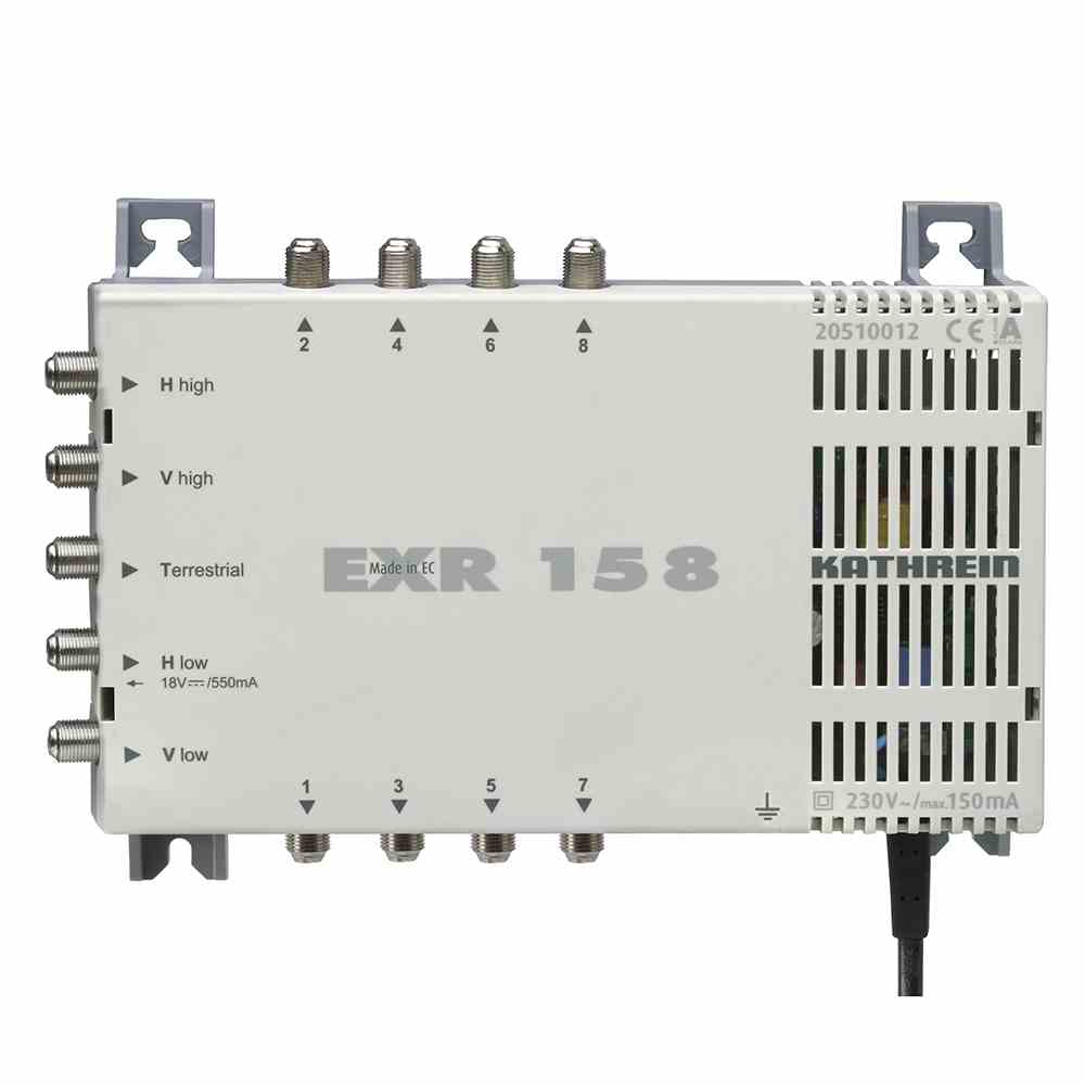 KATHREIN 20510012 EXR 158 Multischalter 5 auf 8, 47-862/4 x 950-2150 MHz, F-Anschlüsse, integriertes Netzteil: 18 V/550 mA, Anschlussdämpfung: SAT 12-7 dB/Terr. 4-0 dB,