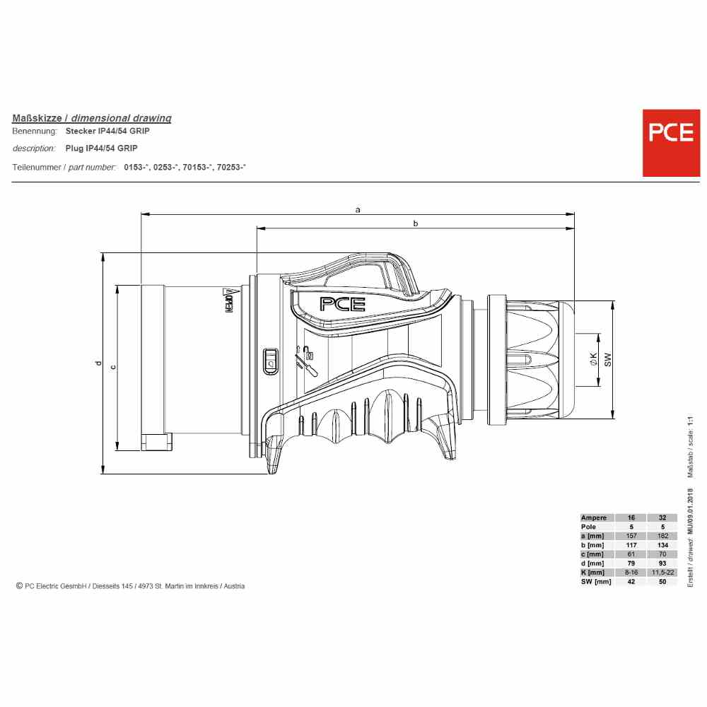 PCE 0153-6tt CEE-Stecker, 5p, 16A, IP44, 400V (50+60Hz) rot, 6h, Schraubklemme, gerade, Kunststoff, Verschraubung