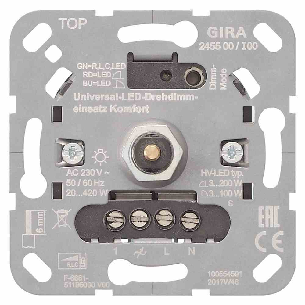 GIRA 245500 Dimmer, Dreh-/Druckknopf, LED, Universal, Unterputz, Lichtwertspeicher
