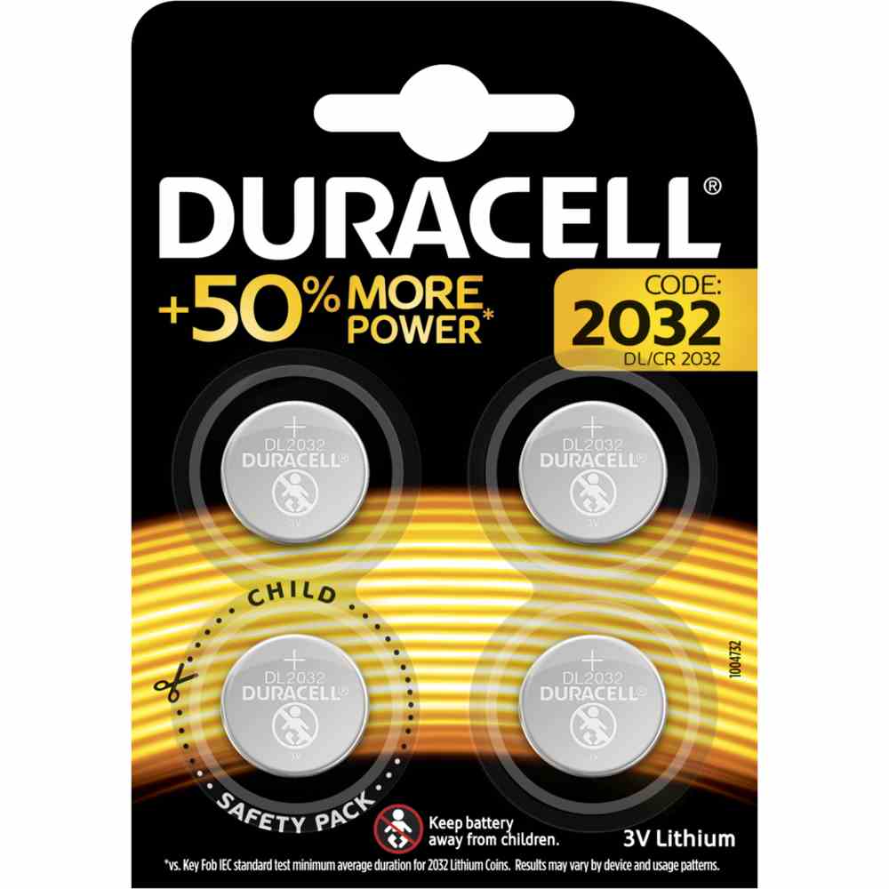 DURACELL 5000394119376 Lithium Knopfbatterie 3V, CR2032, 4er Blister