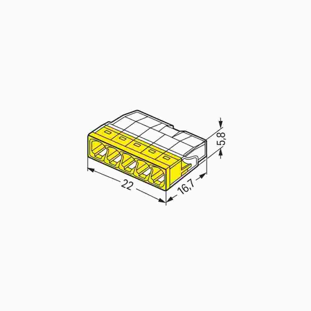 WAGO 2273-205 COMPACT-Verbindungsdosenklemme Ø 0,5 - 2,5 mm², 5-polig, transparent / gelb, VPE: 100 STCK