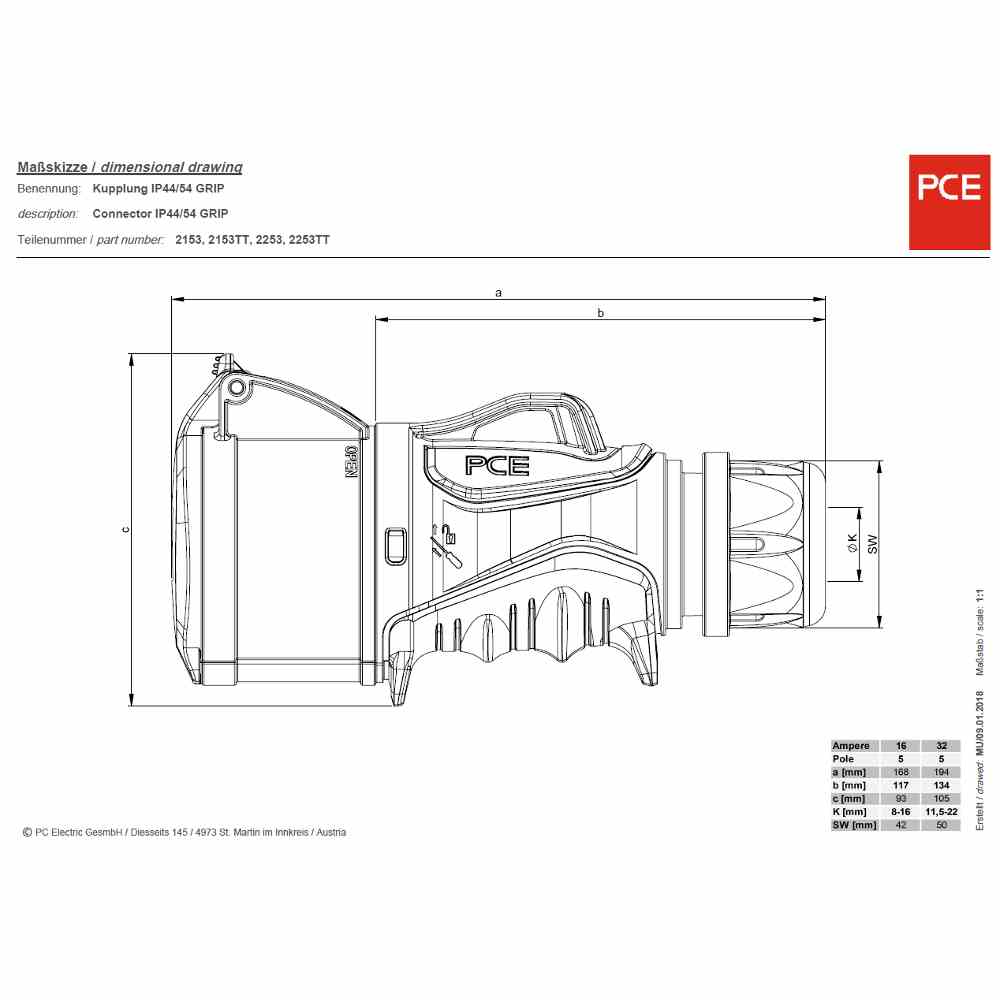 PCE 2153-6tt CEE-Kupplung, 5p, 16A, IP44, 400V (50+60Hz) rot, 6h, Schraubklemme, gerade, Kunststoff, Verschraubung