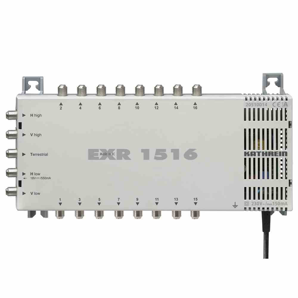 KATHREIN 20510014 EXR 1516 Multischalter 5 auf 16, 47-862/4 x 950-2150 MHz, F-Anschlüsse, integriertes Netzteil: 18 V/550 mA, Anschlussdämpfung: SAT 12-7 dB/Terr. 8-4 dB,