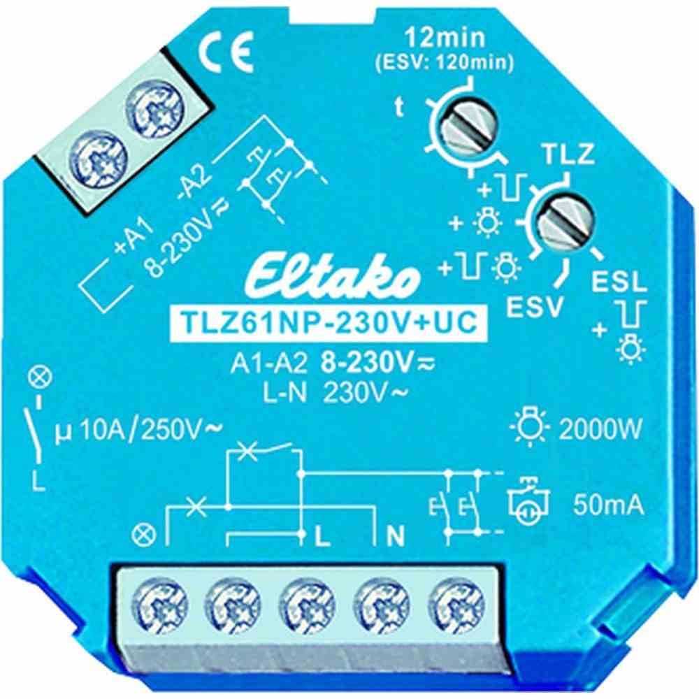 ELTAKO 61100301 TLZ61NP-230V+UC Treppenlicht-Zeitschalter 1 Schließer nicht potenzialfrei 10A/250V AC, Glühlampen bis 2000W, ESL und LED bis 200W