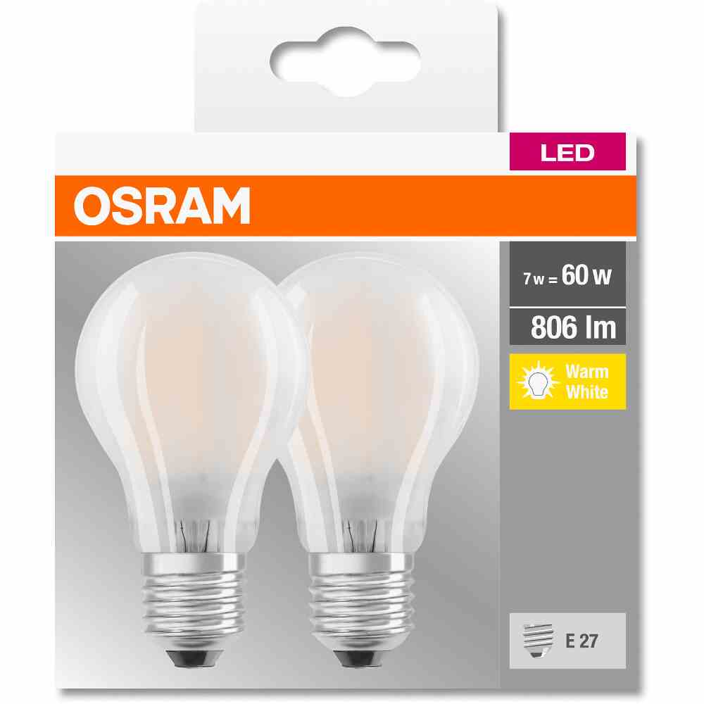 OSRAM 4052899972100 LED Filament matt A60 7,2W/827 806lm E27 2er Pack