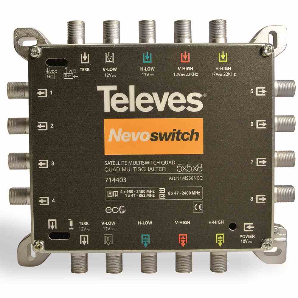 TELEVES MS58NCQ 5 in 8 Guss-Multischalter NEVO mit Netzteil, quadtauglich, kask.
