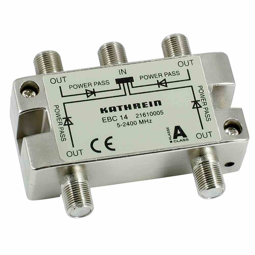 KATHREIN 21610005 EBC 14 4fach-F-Verteiler 5-2400 MHz, Schirmklasse A, Anschluss für Potenzialausgleich, Fernsp. max. 24 V/0,5 A (4 Ausg.), Entkopplungsdioden OUT->IN